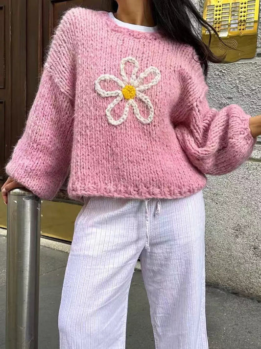 Flower Round Neck Dropped Shoulder Sweater Pink