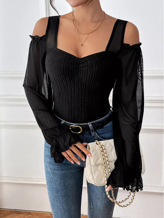 Cold Shoulder Flounce Sleeve Bodysuit Black