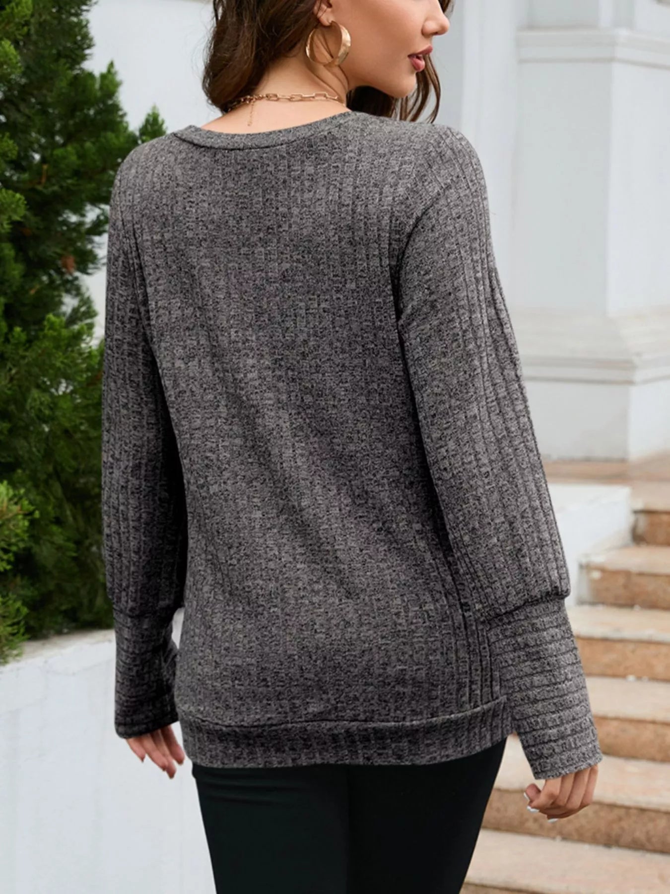 V-Neck Textured Knit Long Sleeve T-Shirt