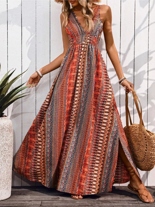 Tied Back Printed Sleeveless Maxi Slit Dress Orange-Red