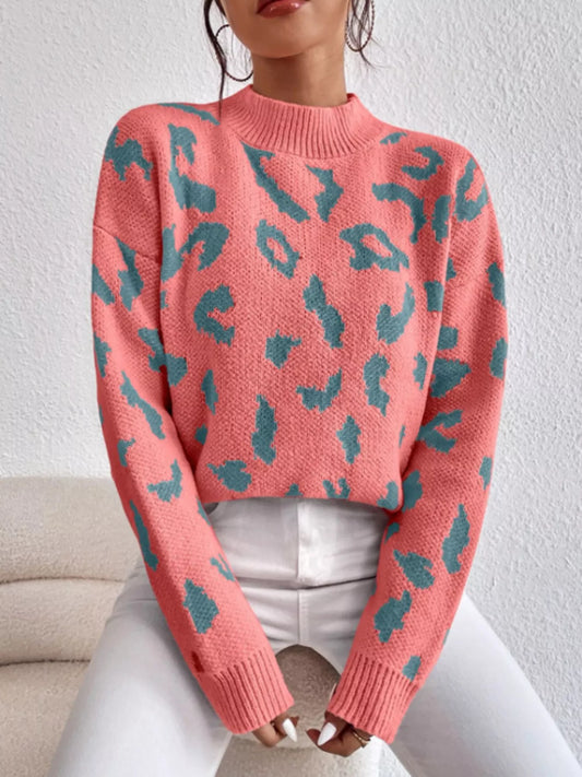 Leopard Mock Neck Sweater Burnt Coral