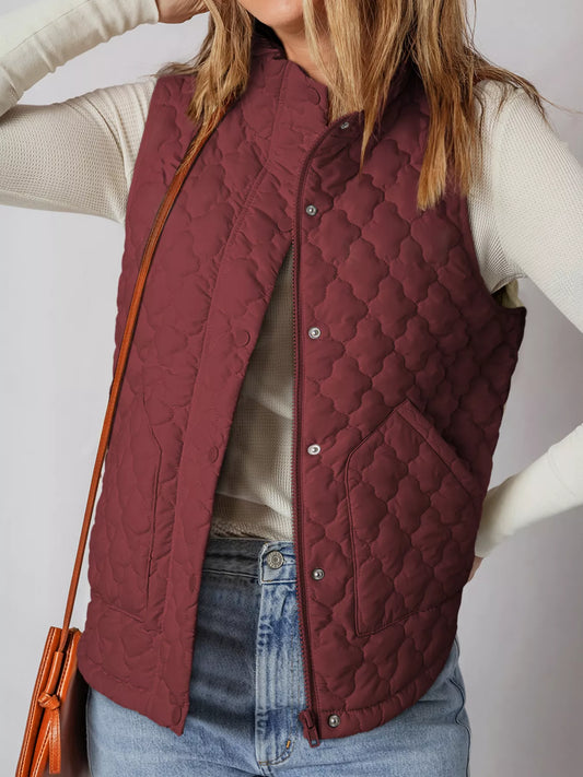 Quilted Snap Down Zip Up Vest Coat Burgundy