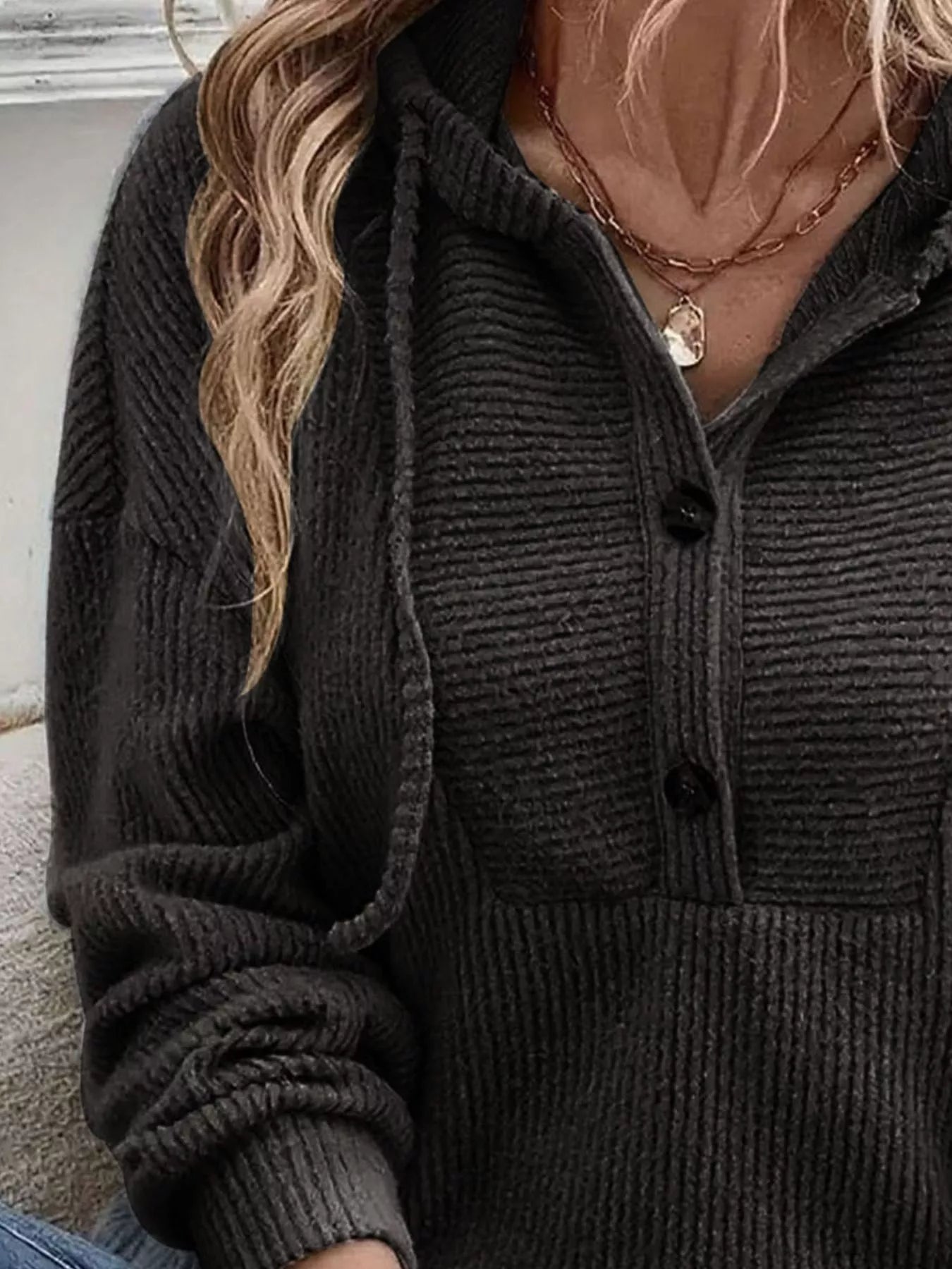 Button-Front Drawstring Hoodie