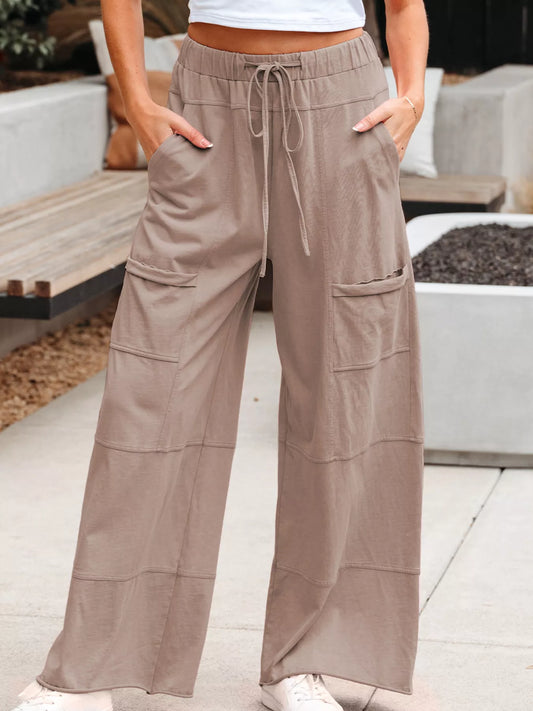 Mineral Wash Exposed Seam Drawstring Elastic Waistband Wide Leg Cargo Pants Mocha