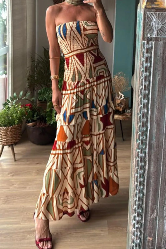 Smocked Printed Tube Dress Multicolor