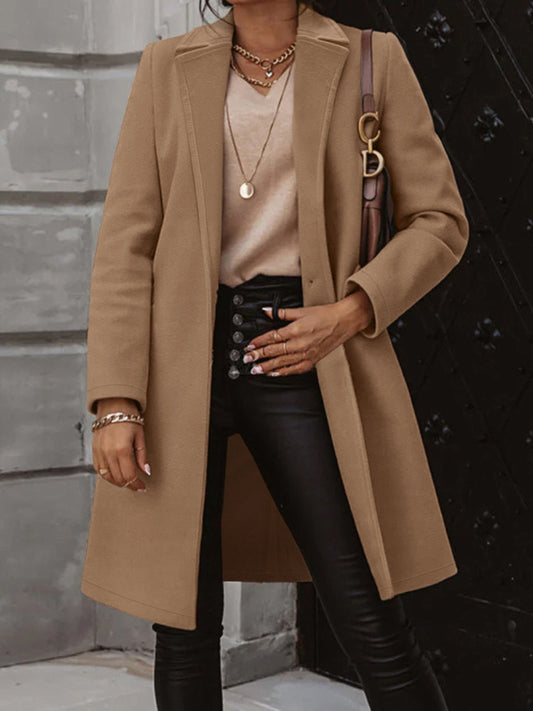 Collared Neck Button Up Long Sleeve Coat Camel