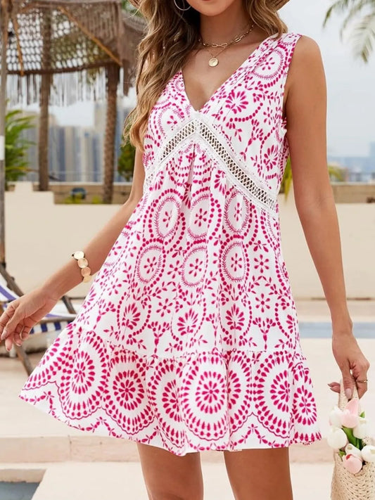 Printed V-Neck Sleeveless Mini Dress Hot Pink