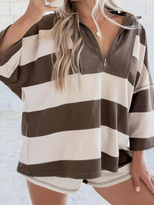 Striped Quarter-Zip Long Sleeve Sweatshirt Chocolate