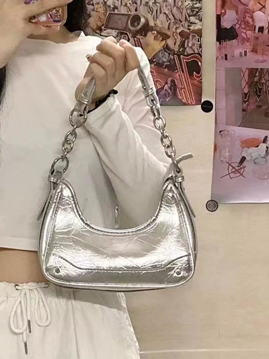 Leather Chain Strap Shoulder Bag Silver One Size