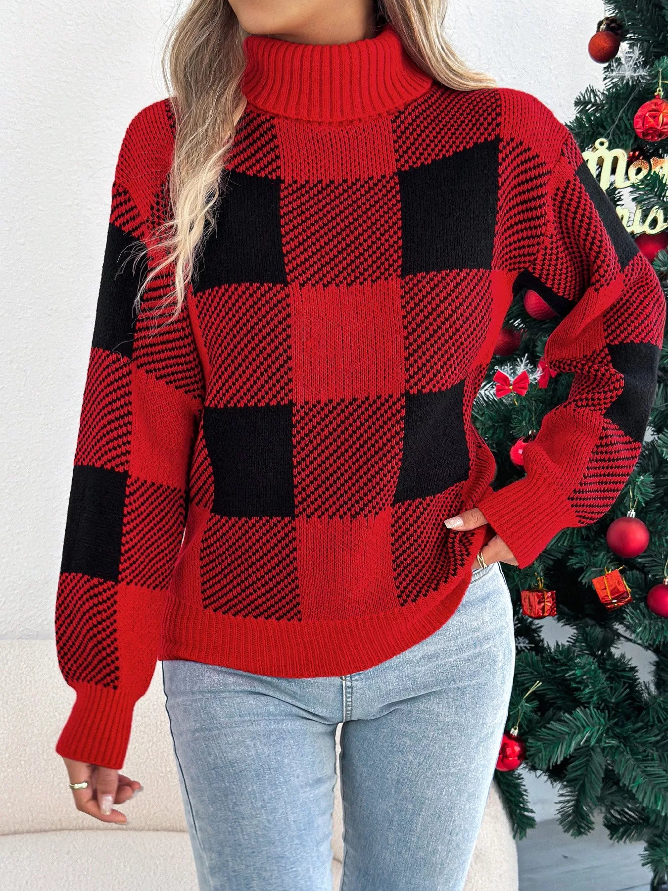 Christmas Plaid Long Sleeve Turtleneck Sweater Red