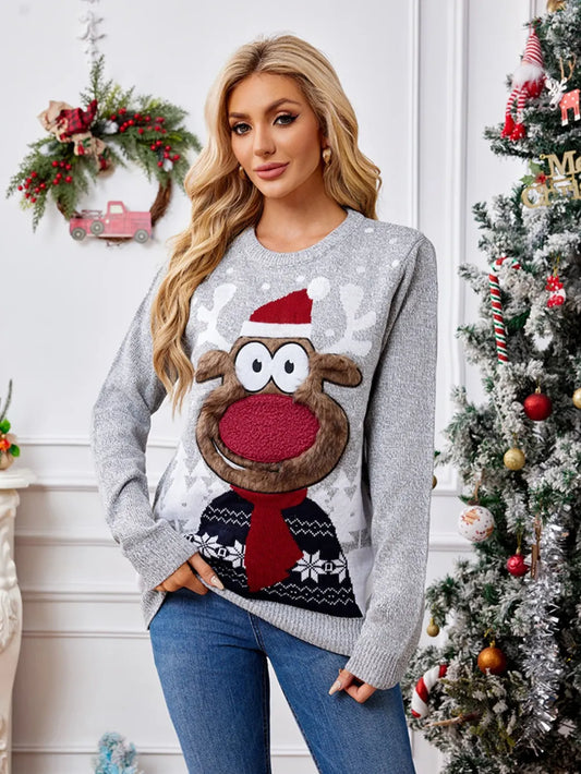 Reindeer Round Neck Long Sleeve Sweater Light Gray