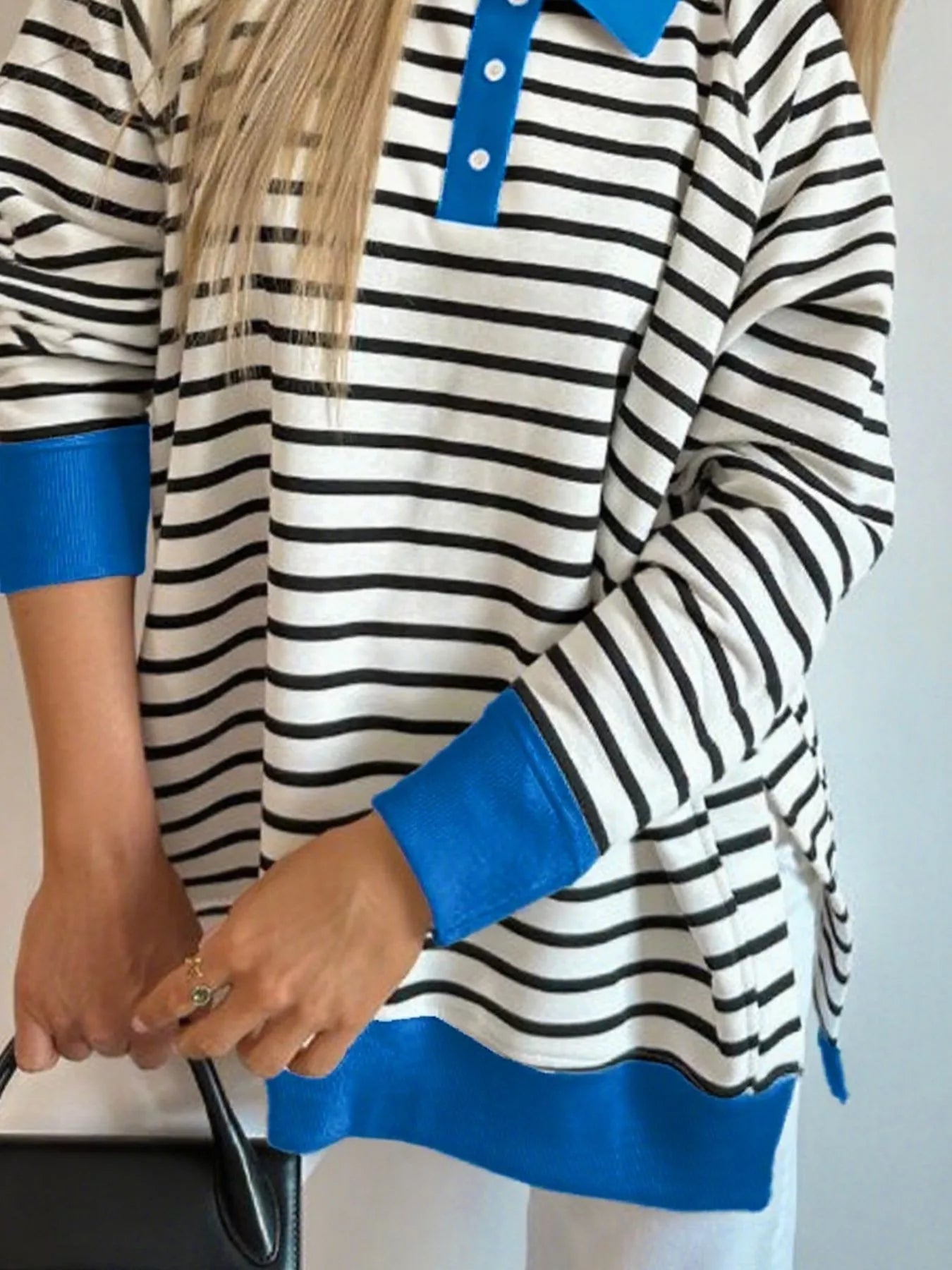 Striped Polo Collar Long Sleeve Sweatshirt