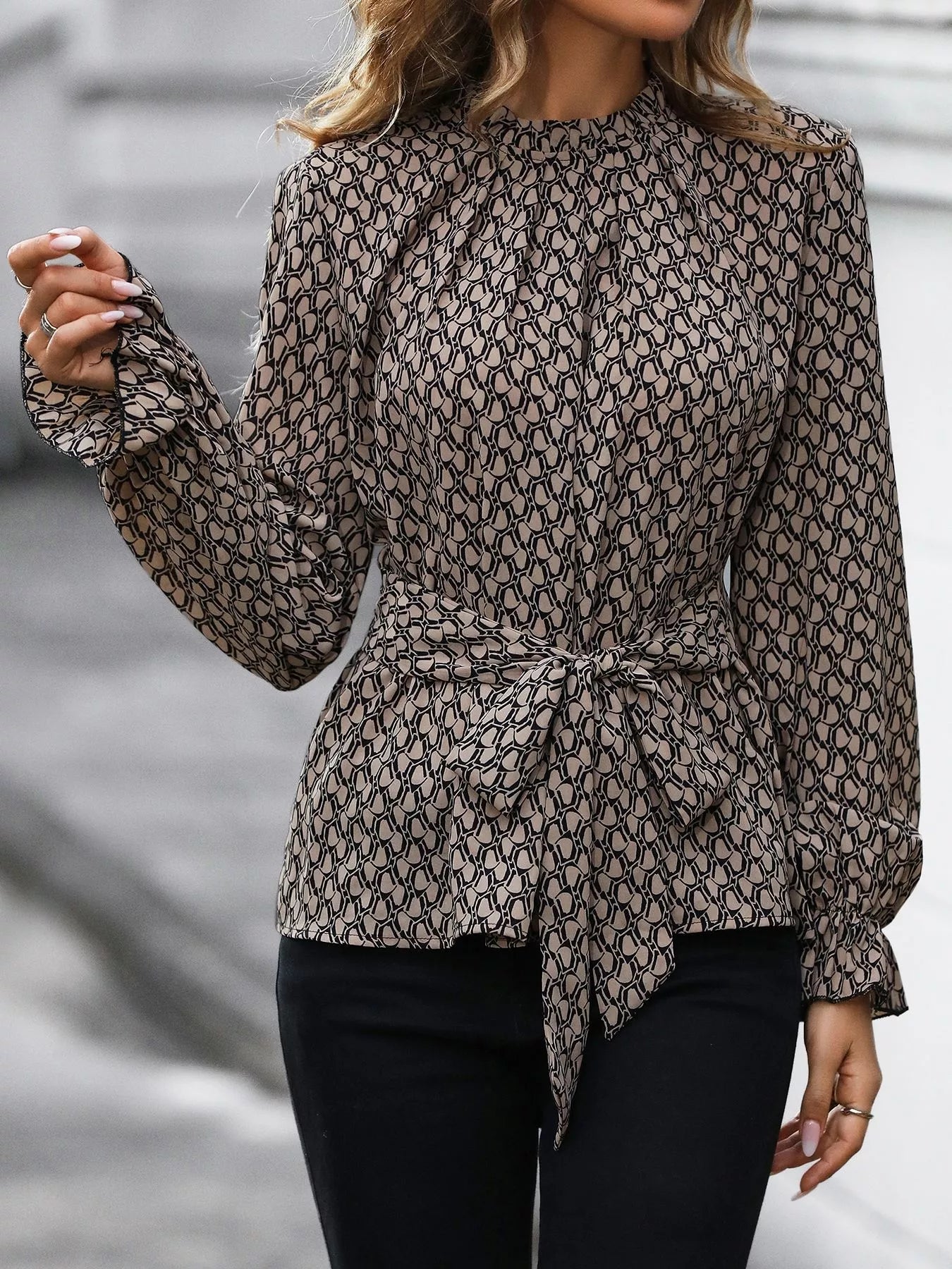 Printed Tie-Waist Flounce Sleeve Blouse
