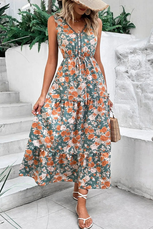 Floral Print Trimmed V Neck Tie Waist Sleeveless Dress Floral
