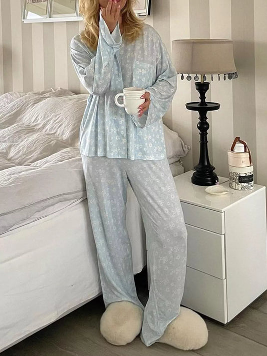 Floral Print Relaxed Fit Top and Pants Lounge Set Sky Blue