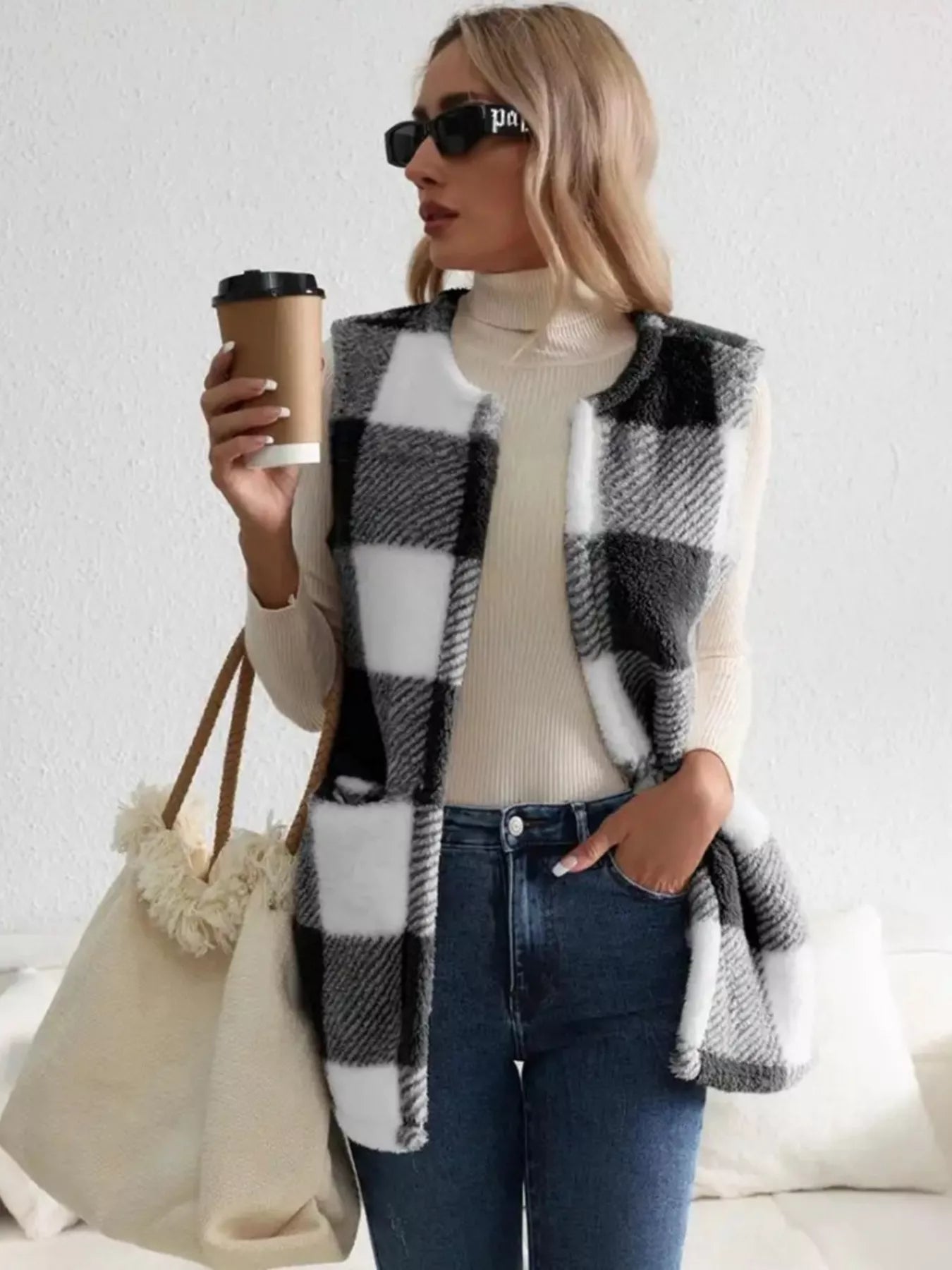 Cozy Plaid Sherpa Vest Coat