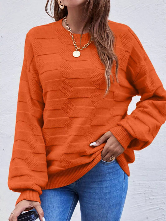 Textured Knit Round Neck Sweater Orange