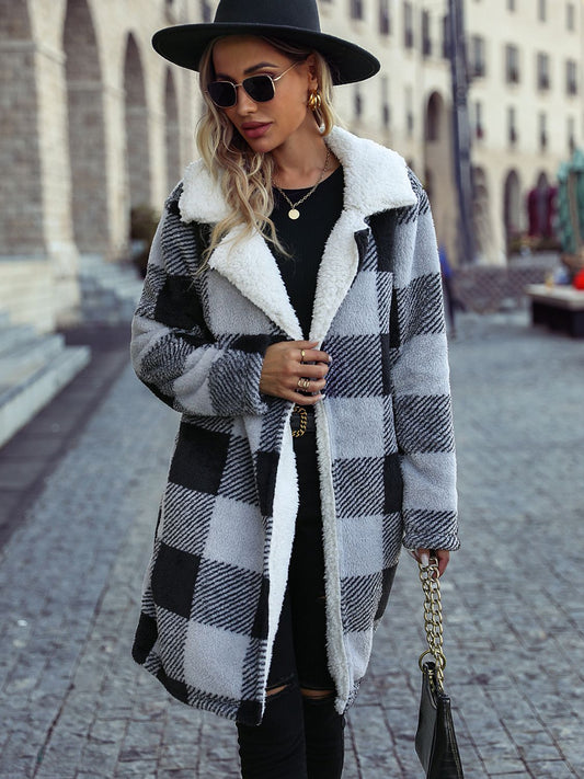 Plaid Open Front Coat with Pockets Black