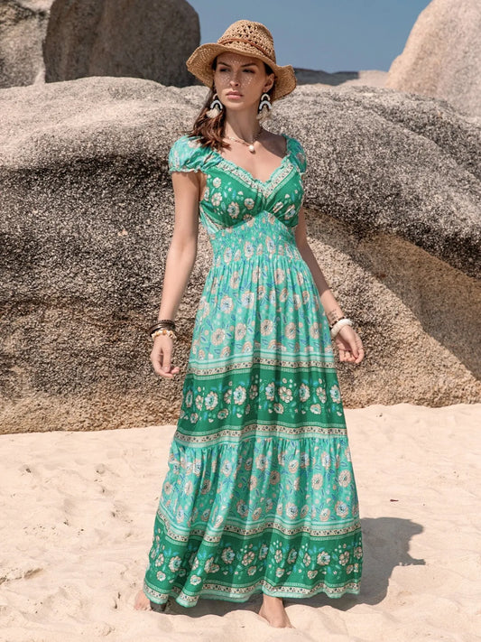 Smocked Printed V-Neck Dress Green
