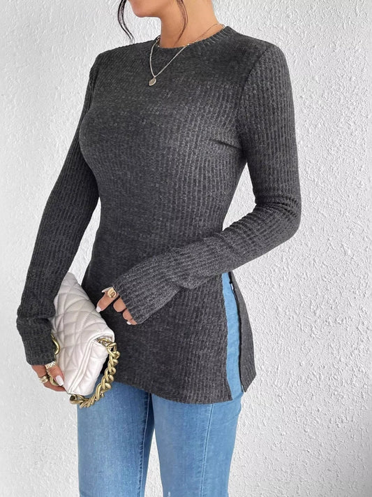 Slit Round Neck Long Sleeve T-Shirt Gray