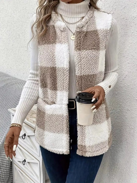 Cozy Plaid Sherpa Vest Coat Khaki