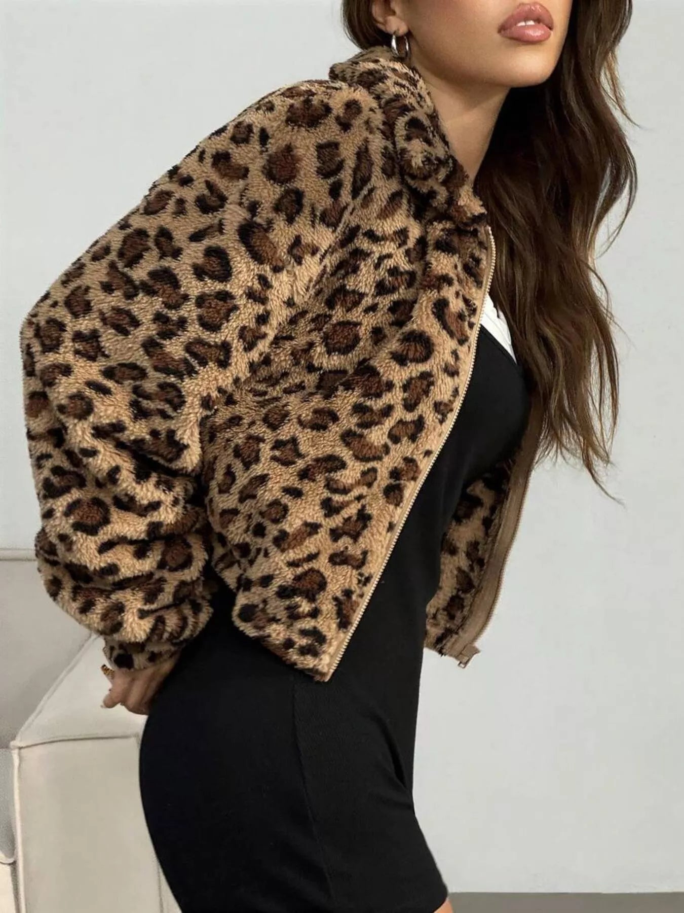 Leopard Print Fuzzy Cropped Jacket