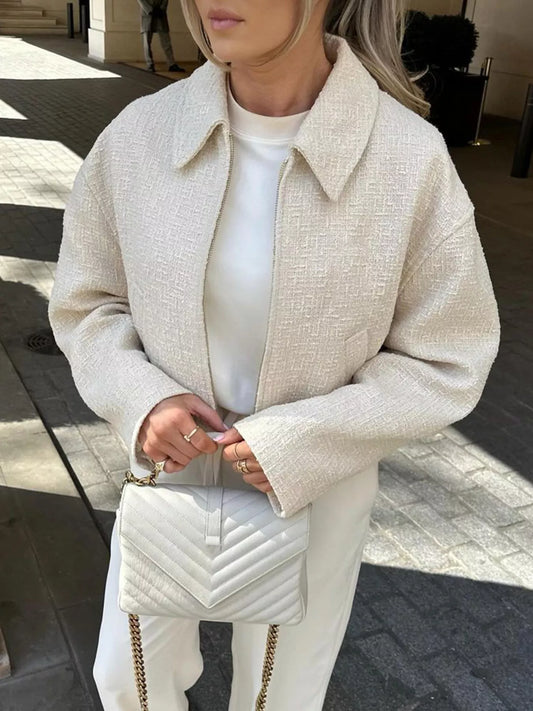 Zip Up Tweed Cropped Jacket Apricot