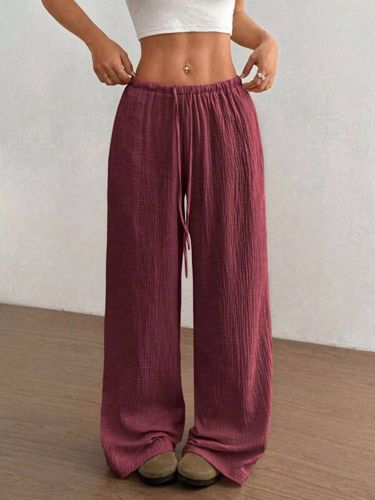 Full Size Drawstring Wide Leg Pants Plus Size Wine Red