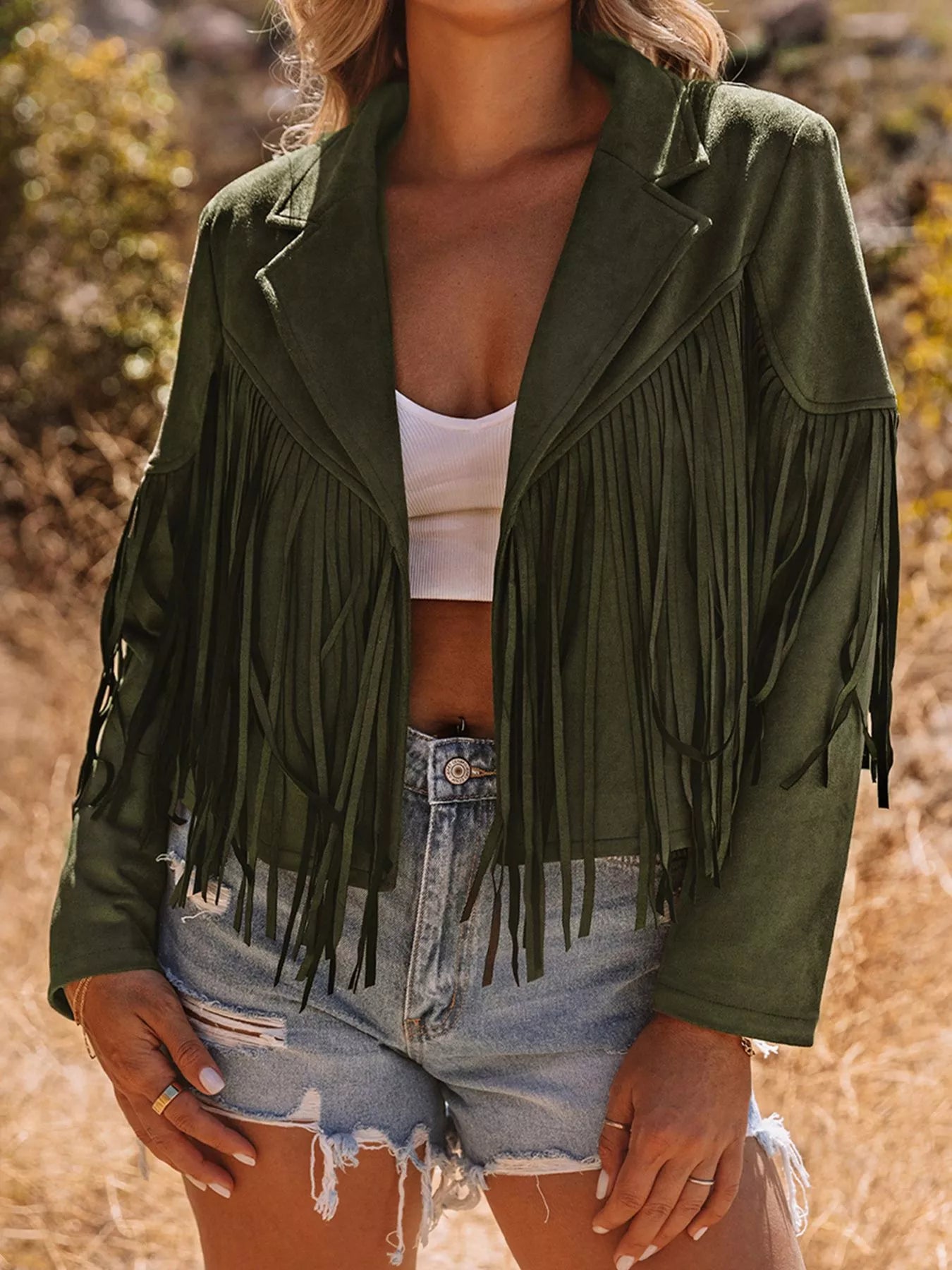 Cropped Fringe Faux Suede Jacket