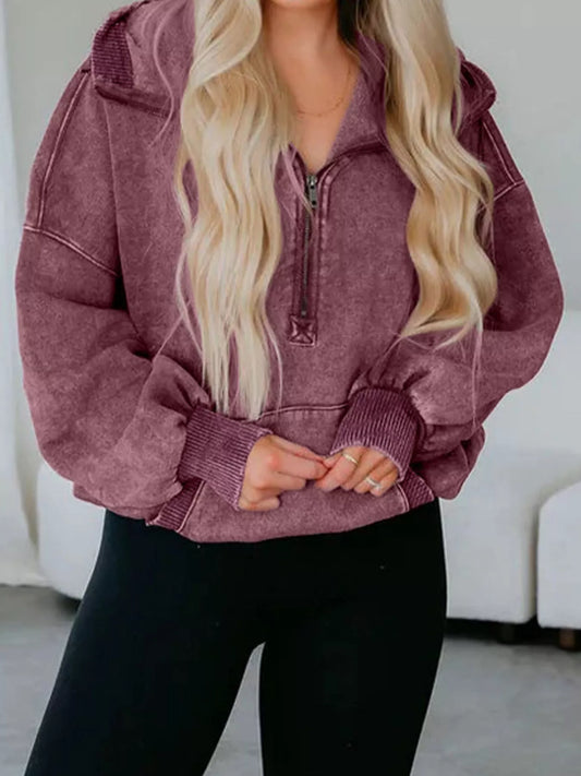 Washed Half Zip Pullover Hoodie Plum Purple