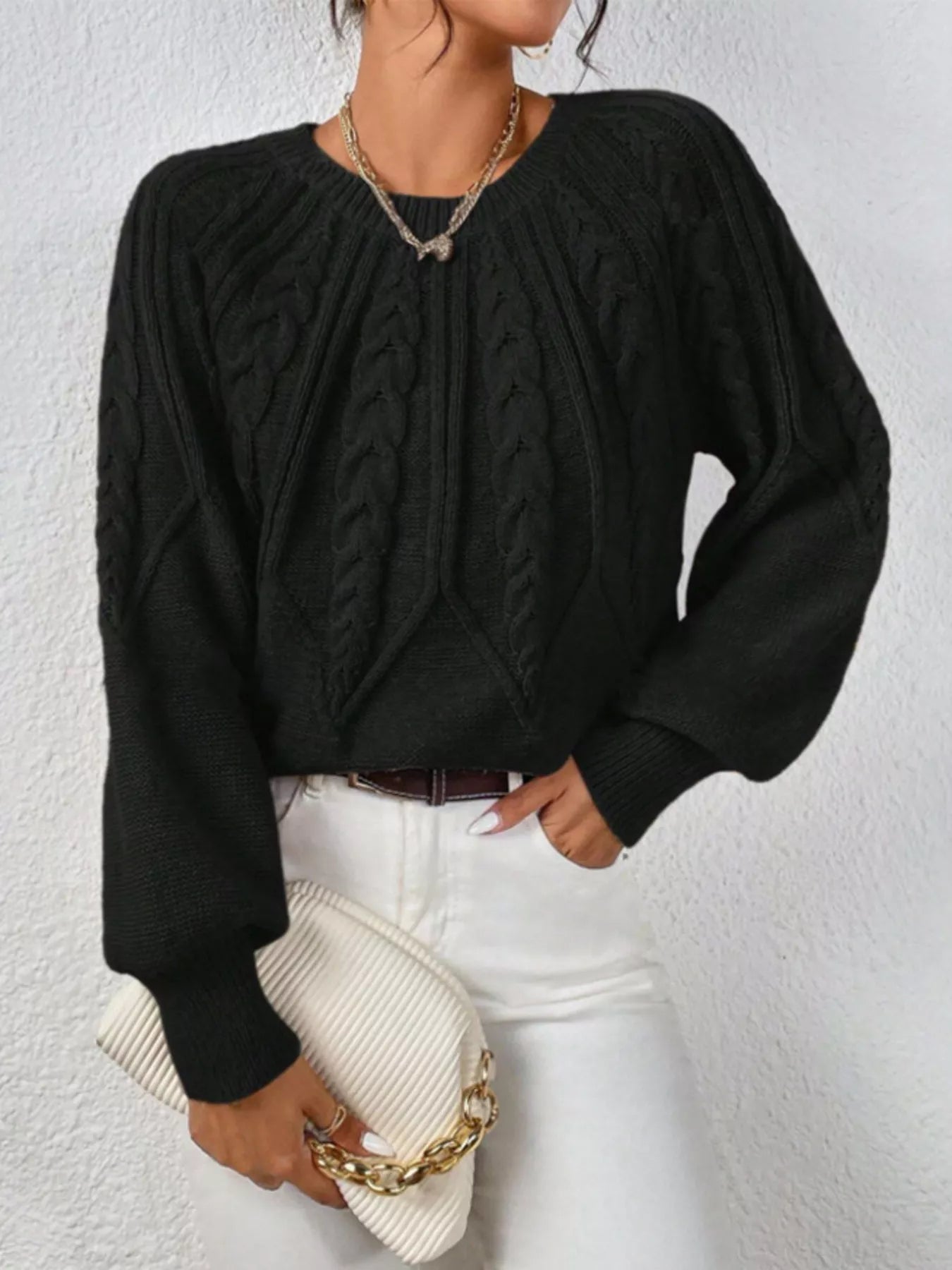 Cable Knit Long Sleeve Sweater Black