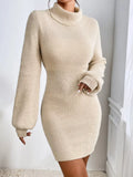 Turtleneck Ribbed Knit Sweater Dress Apricot