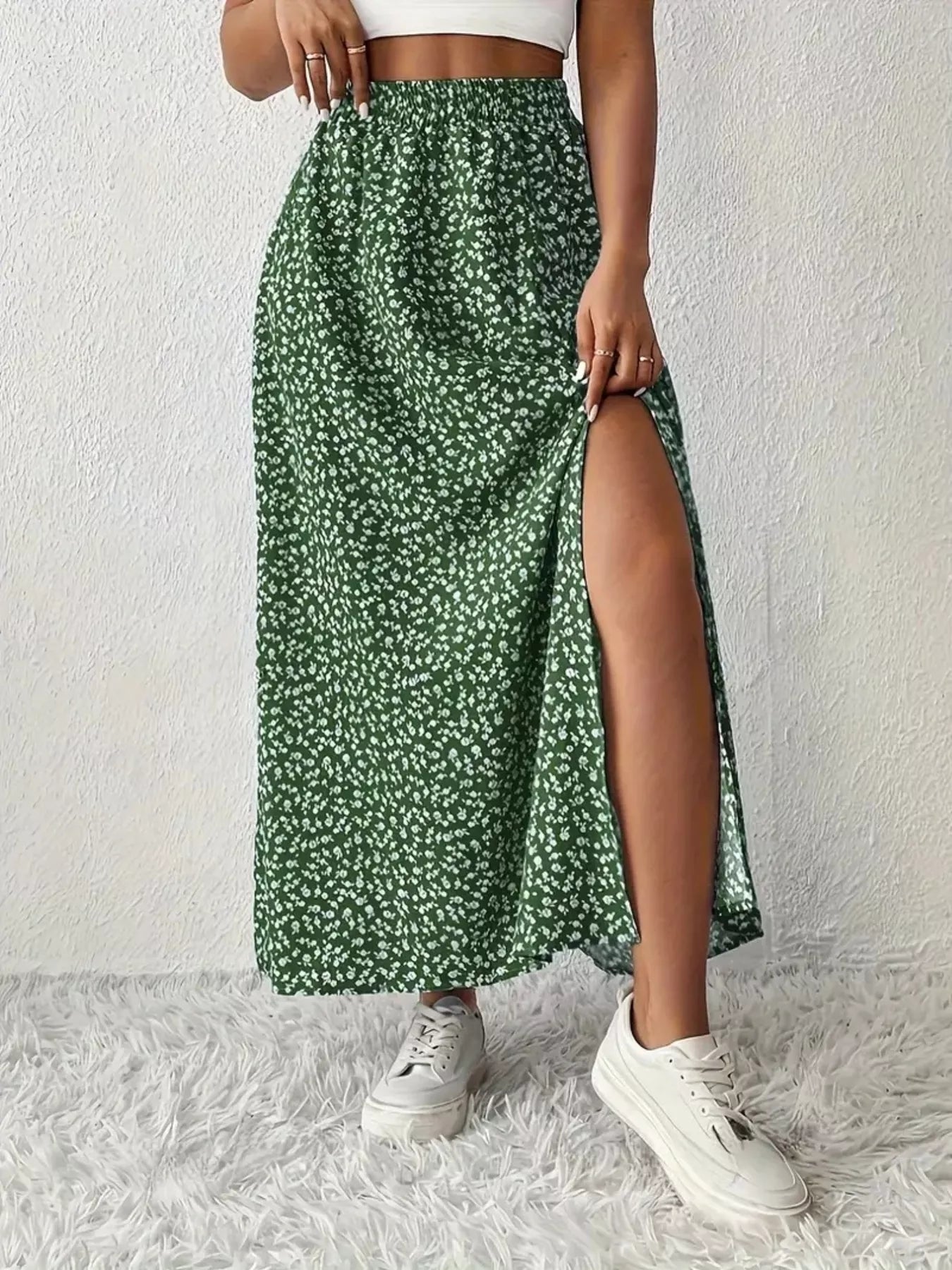 Slit Printed Skirt Light Green