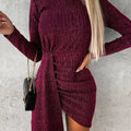 Heathered Mock Neck Long Sleeve Mini Dress Cerise