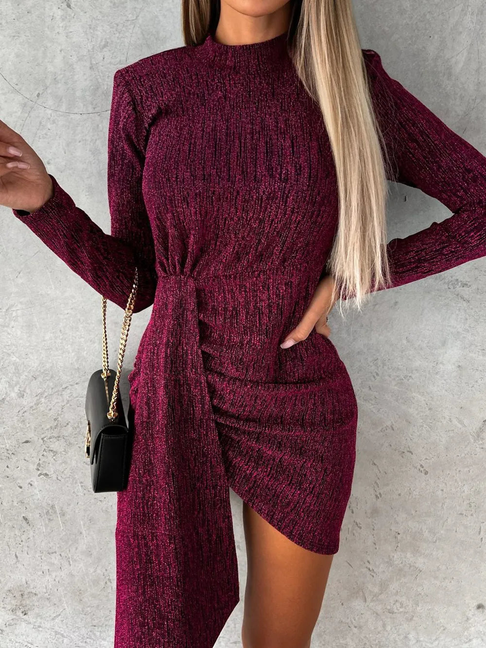 Heathered Mock Neck Long Sleeve Mini Dress Cerise