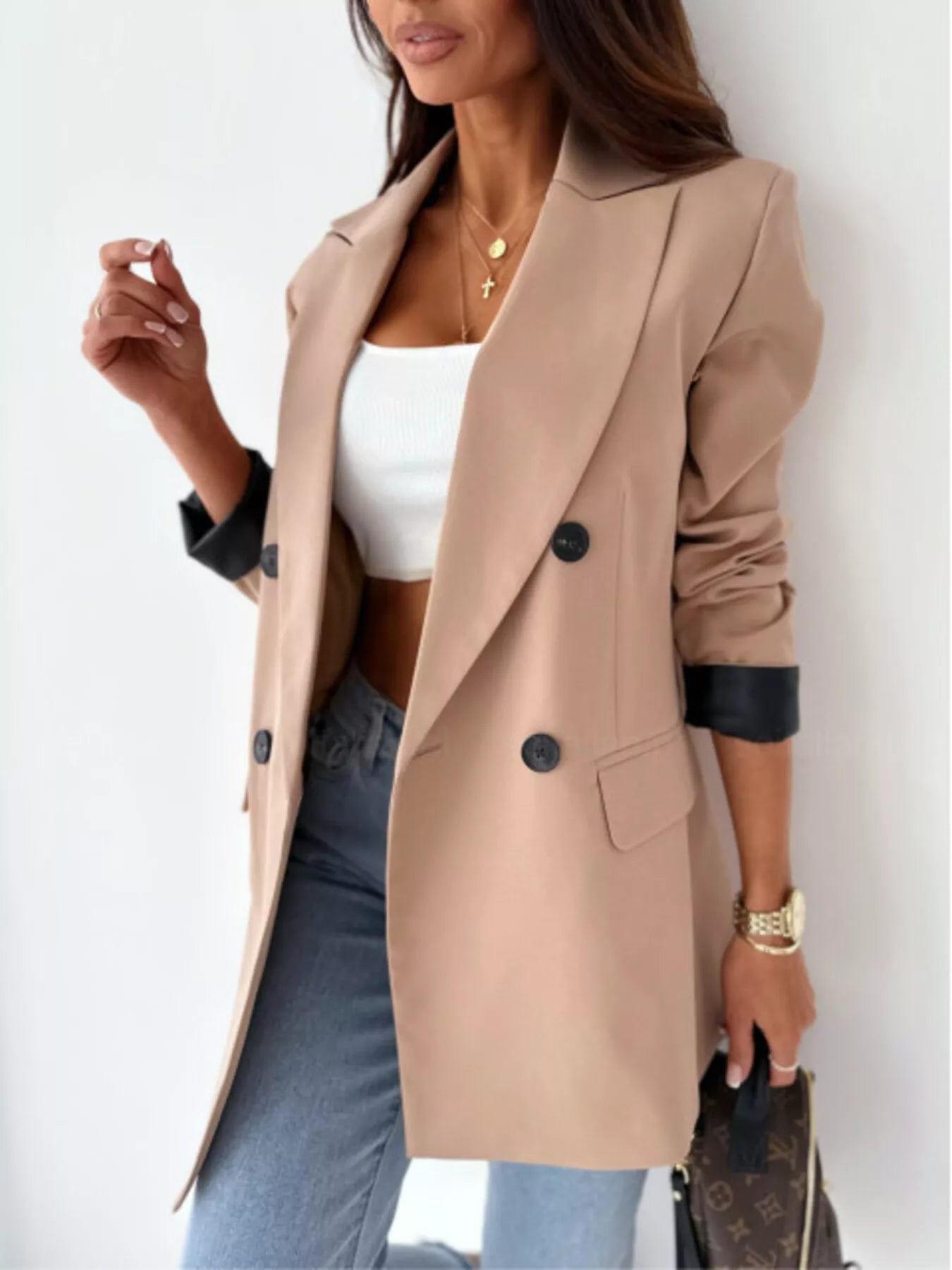 Lapel Collar Long Sleeve Blazer Khaki
