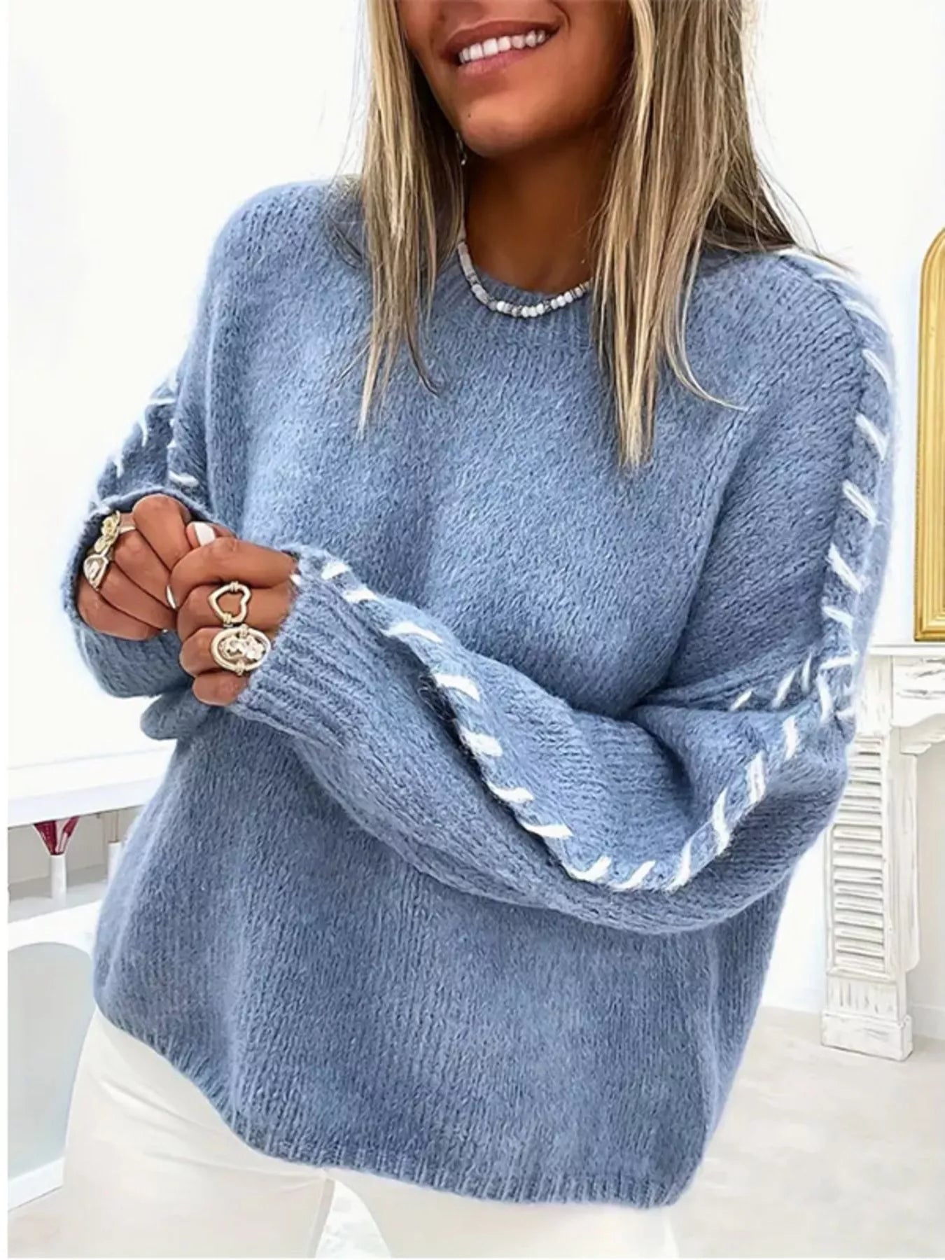 Contrast Stitching Dropped Shoulder Sweater Sky Blue