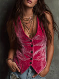 Velvet Button-Down Vest Coat Fuchsia Pink