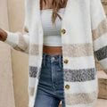 Striped Fuzzy Knit Button-Up Cardigan
