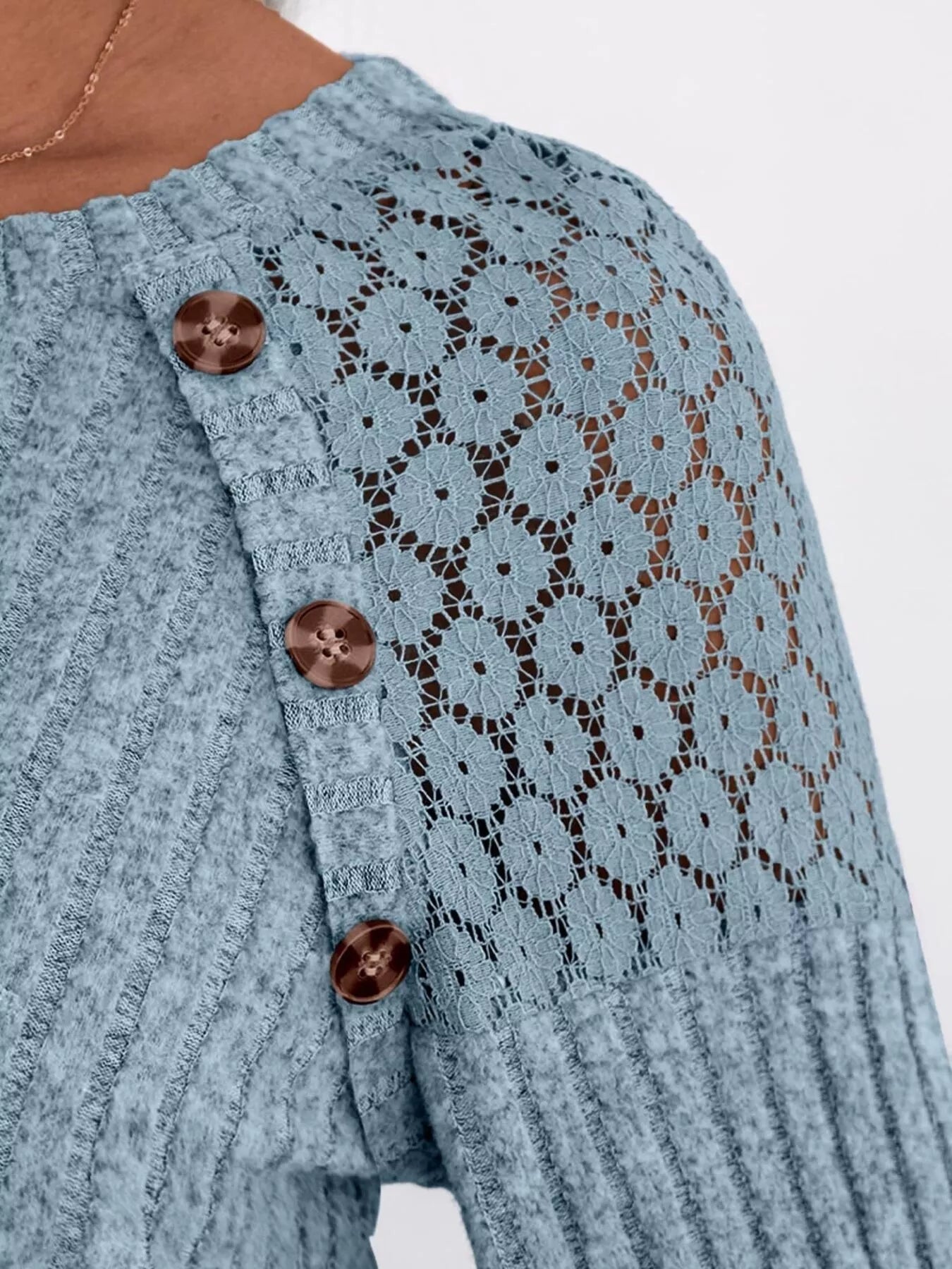 Ribbed Knit T-Shirt with Lace Shoulder Detail