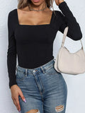 Square Neck Long Sleeve Bodysuit Black
