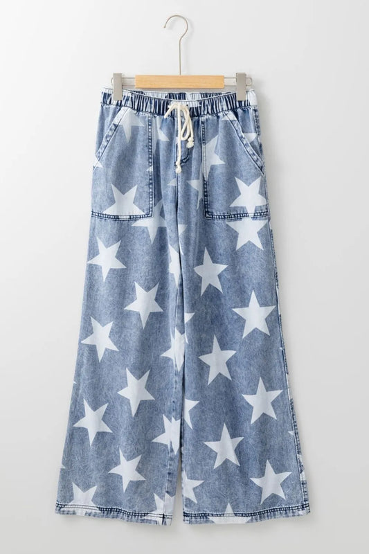 Star Print Washed Drawstring High Waist Wide Leg Jeans