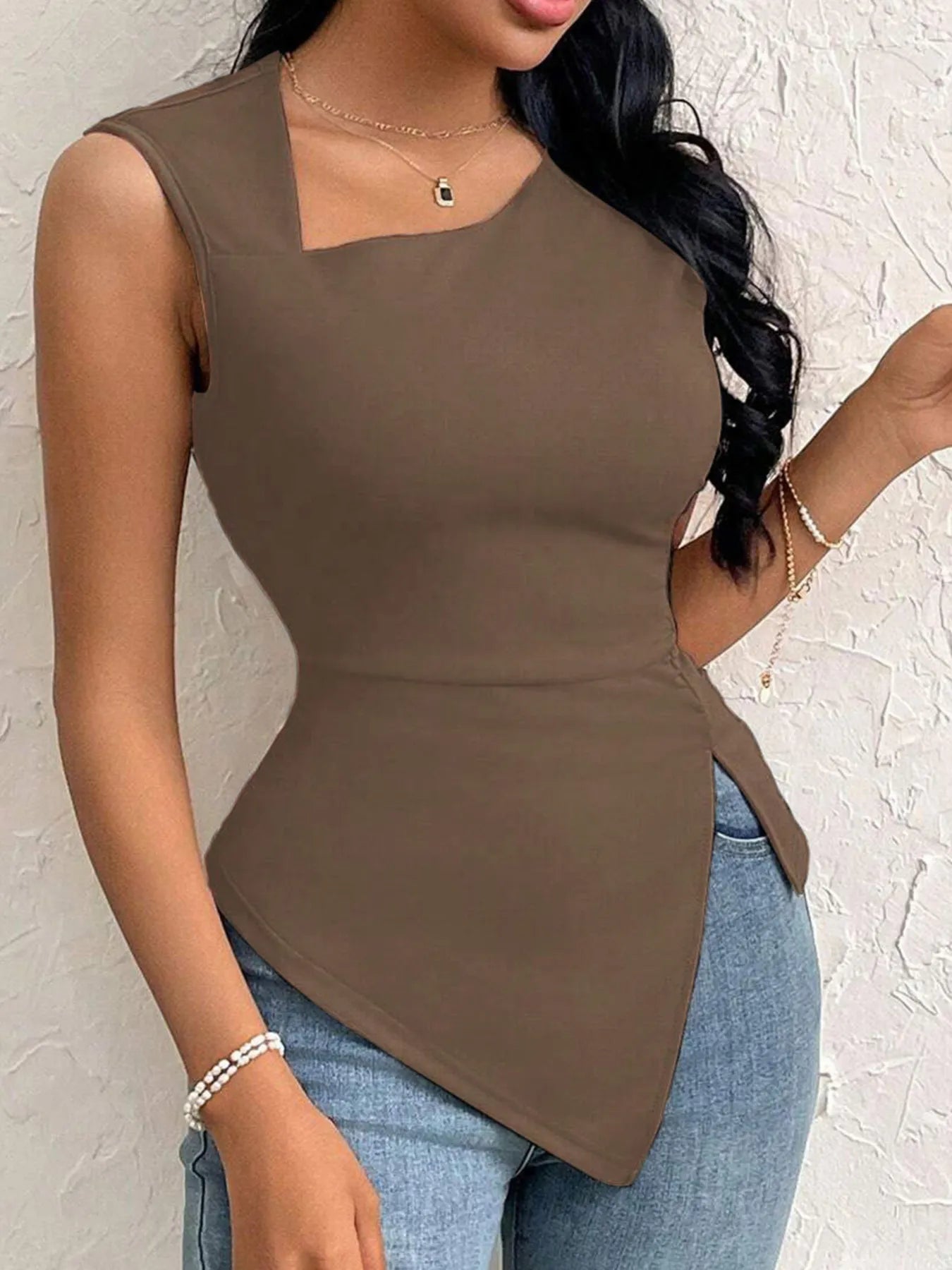 Slit Asymmetrical Tank Top Brown