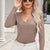 Ribbed V-Neck Long Sleeve Blouse with Pocket Mocha