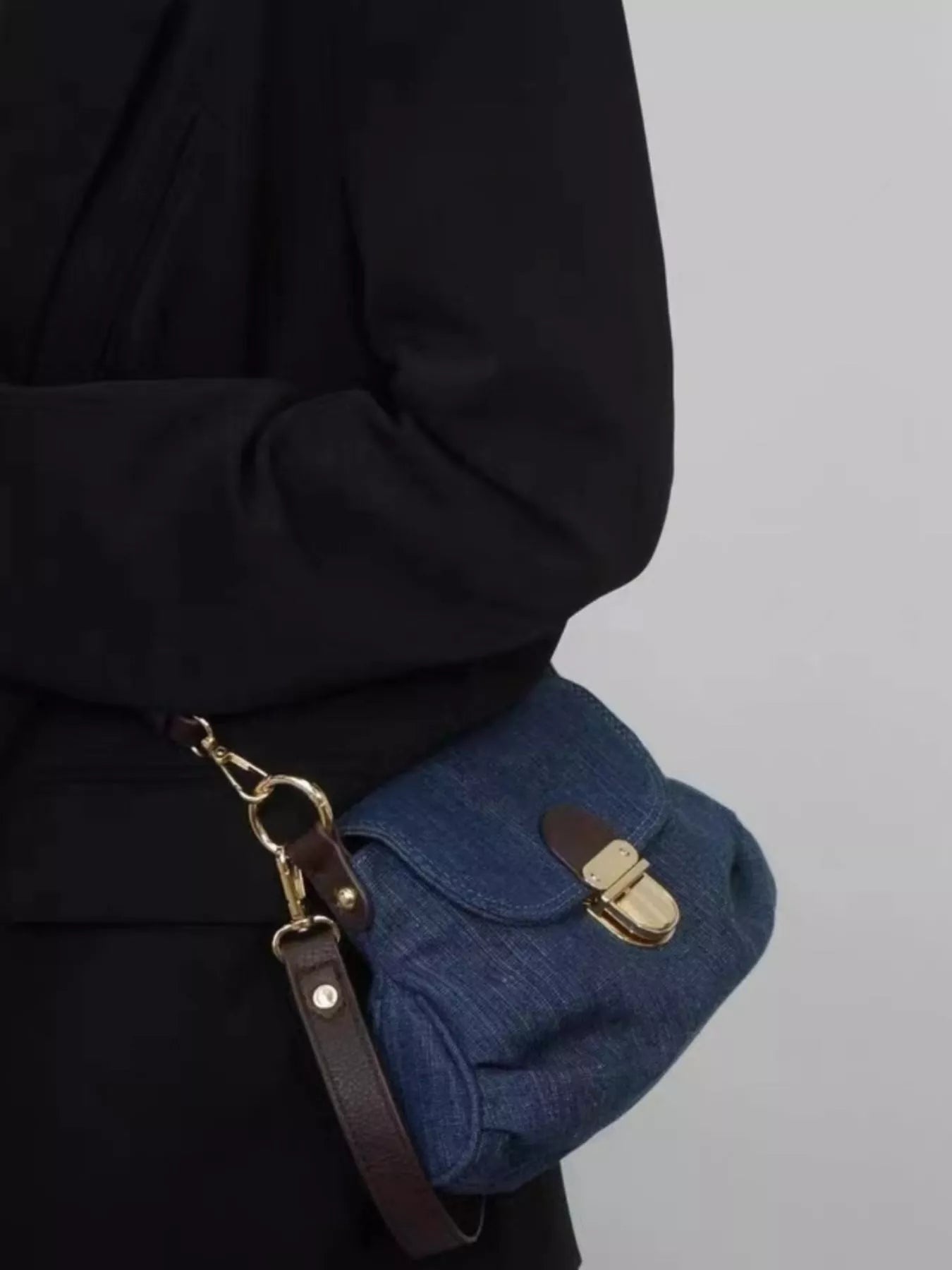 Denim Flap Shoulder Bag with Golden Clasp