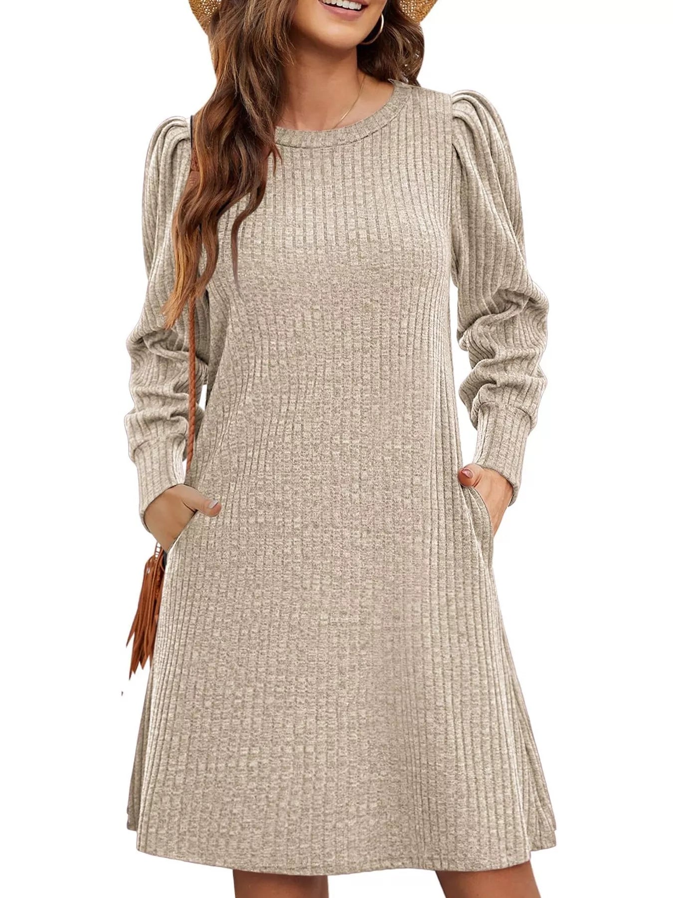 Ribbed Knit Puff Sleeve Casual Mini Dress