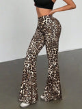 Leopard Print High Waist Flare Pants Red