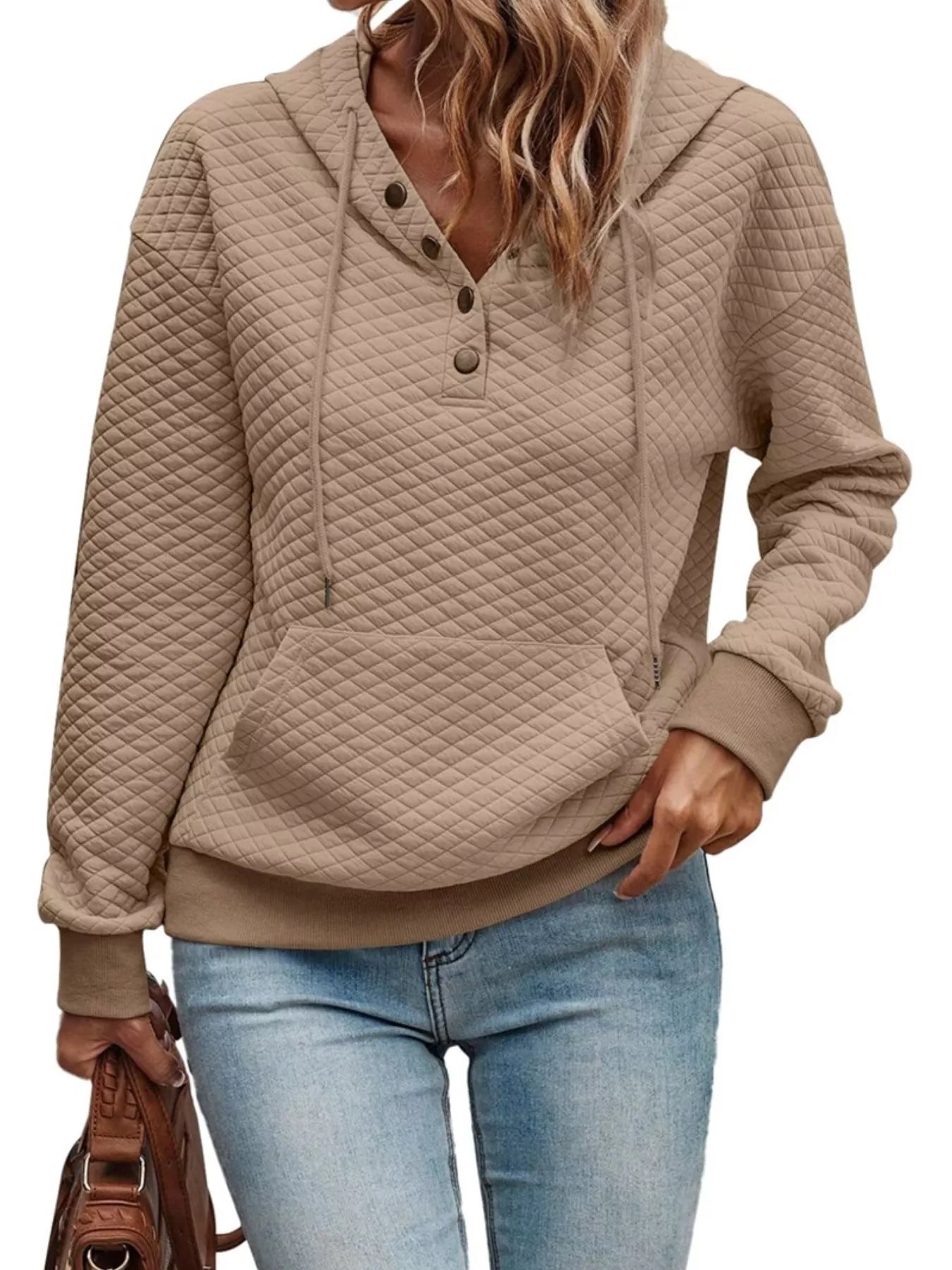 Drawstring Textured Dropped Shoulder Hoodie Khaki