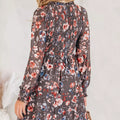 Frilly Smocked Bodice Floral Mesh Long Sleeve Mini Dress