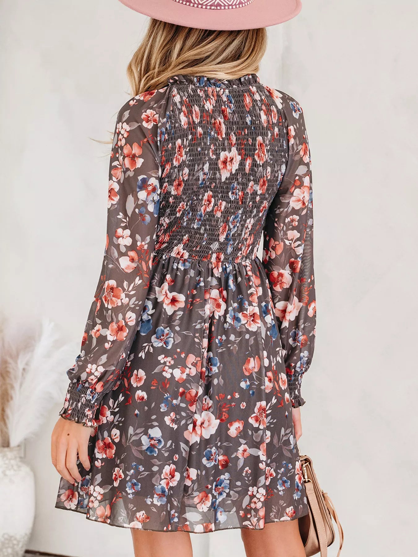 Frilly Smocked Bodice Floral Mesh Long Sleeve Mini Dress